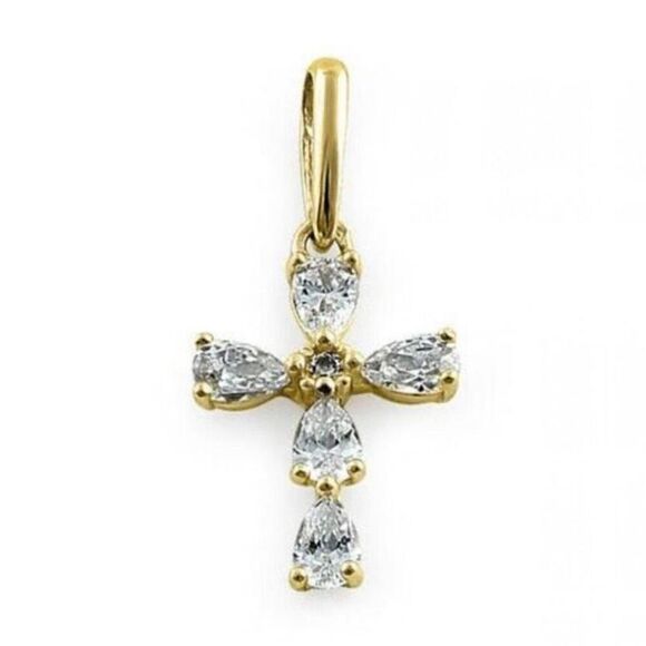 Solid 14K Yellow Gold Cross CZ Necklace Pendant New - Picture 2 of 5